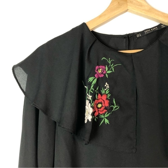 Zara Black Long Sleeve Ruffle Layered Floral Blouse M - Picture 3 of 4